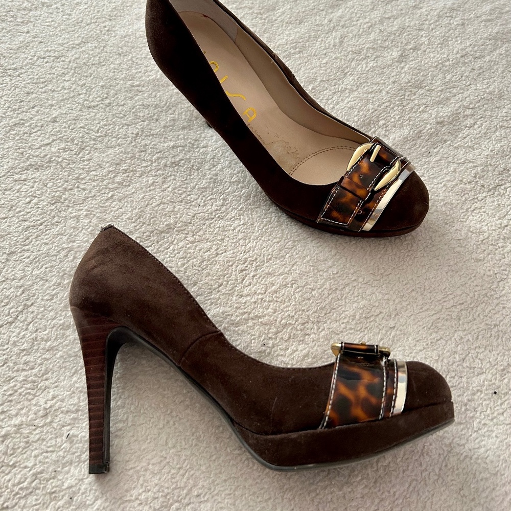 Brown Suede UNISA shoes with tortoise shell buckle